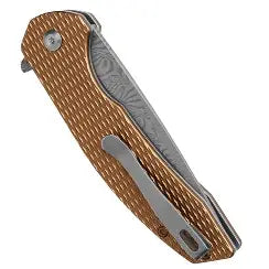Like New - Kansept Accipiter Folding Knife Bronze Aluminum Handle Damascus Plain Edge Stonewash Finish T1007F4