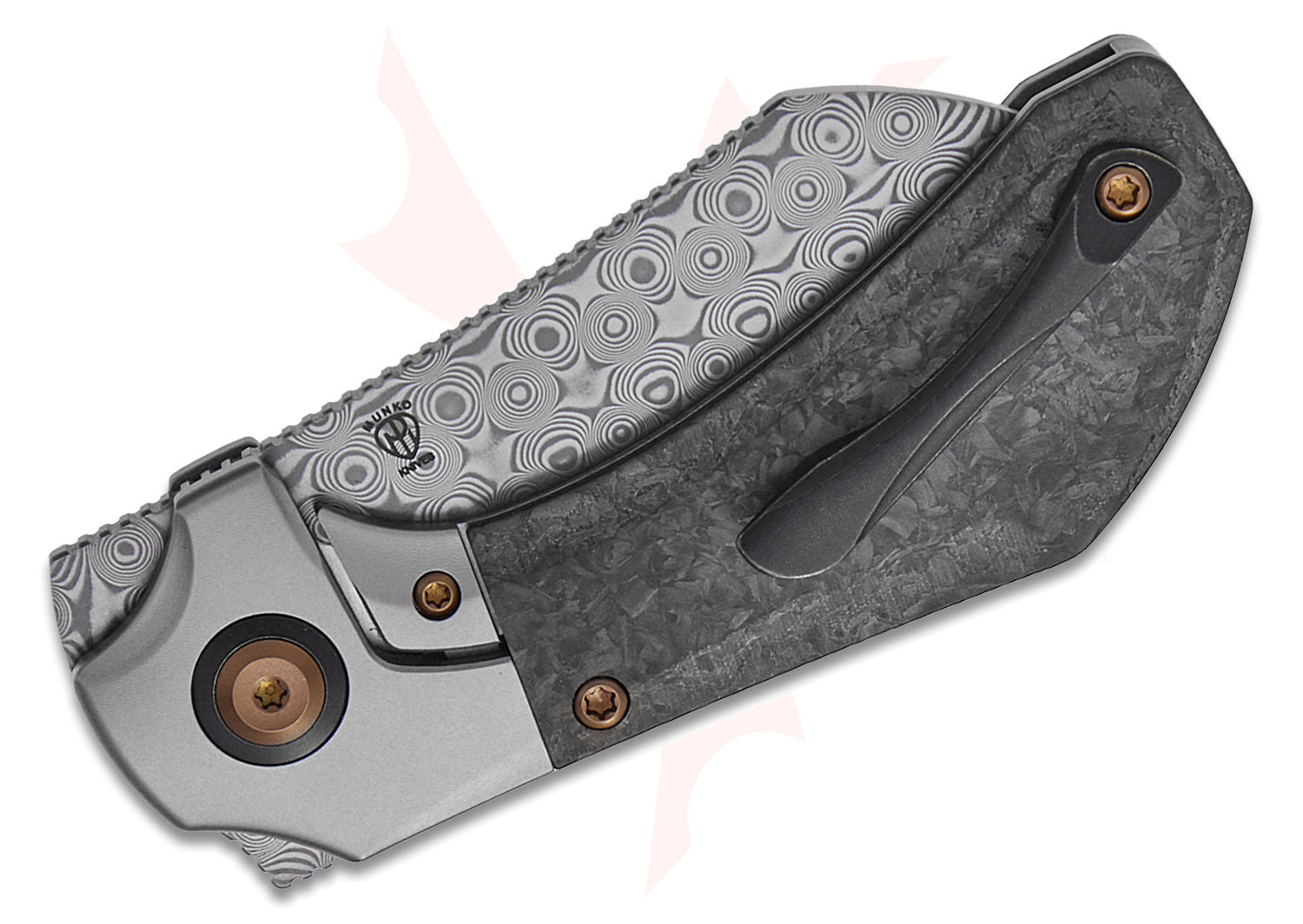 Brand New - KANSEPT Pluto | Stonewashed Titanium & Shred Carbon Fiber | 2.5" Acid Etched Damascus | Munko Knives Design | K3129A3