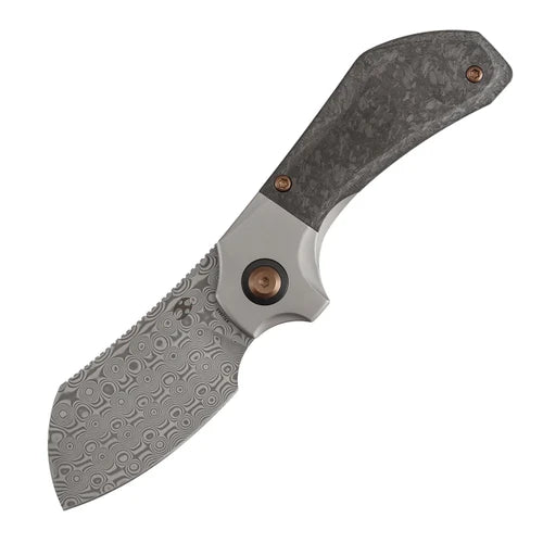 Brand New - KANSEPT Pluto | Stonewashed Titanium & Shred Carbon Fiber | 2.5" Acid Etched Damascus | Munko Knives Design | K3129A3